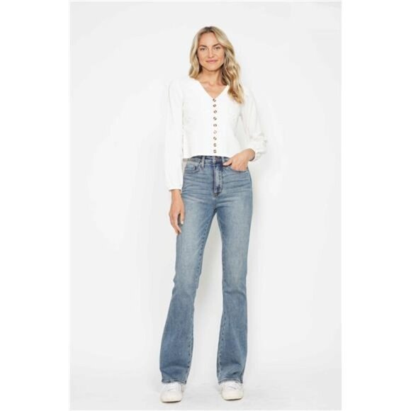 Judy Blue Full Size Tummy Control Back Embroidered Pocketed Bootcut Jeans Plus - Picture 16 of 16